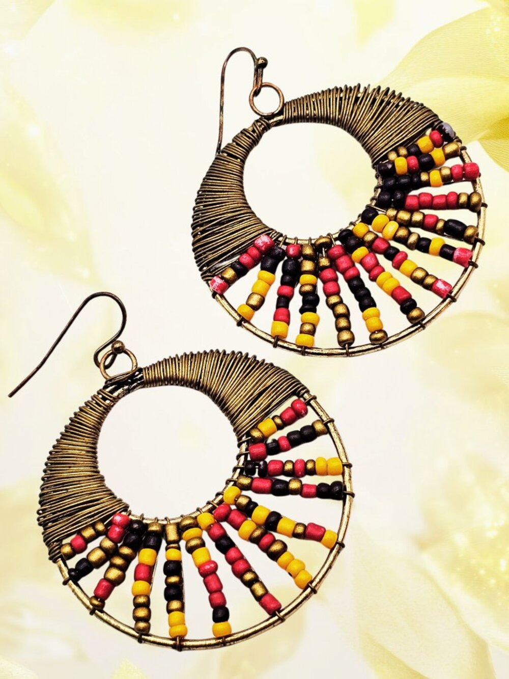 Boho Beaded Wire Hoop Drop Earrings Tribal Artisan Gold Tone Statement